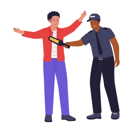 Man Being Scanned by Security Guard with Handheld Body Scanner  Illustration
