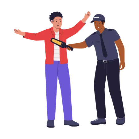 Man Being Scanned by Security Guard with Handheld Body Scanner  Illustration