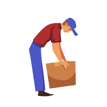 Man bends down to pick up box with load  Illustration