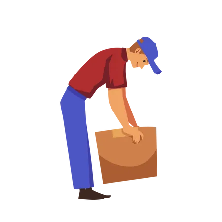 Man bends down to pick up box with load  Illustration