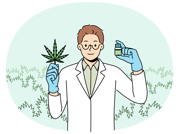 Man biologist with cannabis oil produced from narcotic plant  Illustration