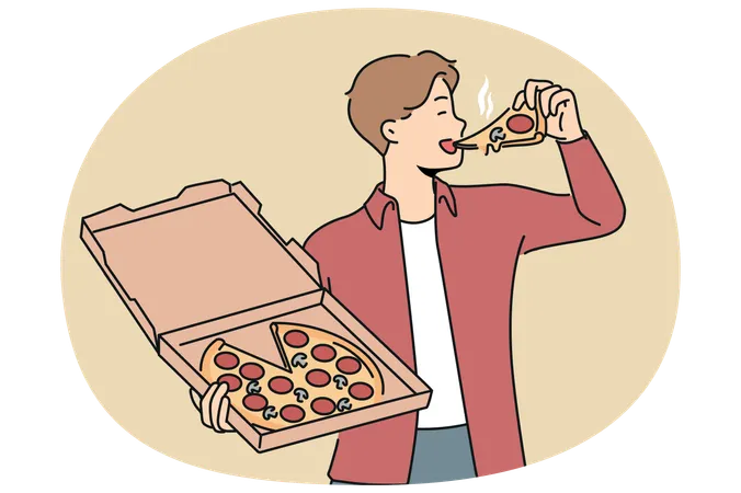 Man bites into pizza and holds box from italian pizzeria while enjoying taste of fresh food  Illustration