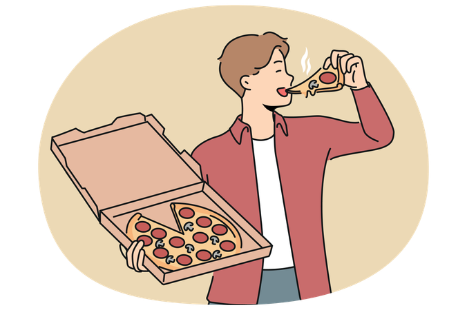 Man bites into pizza and holds box from italian pizzeria while enjoying taste of fresh food  Illustration