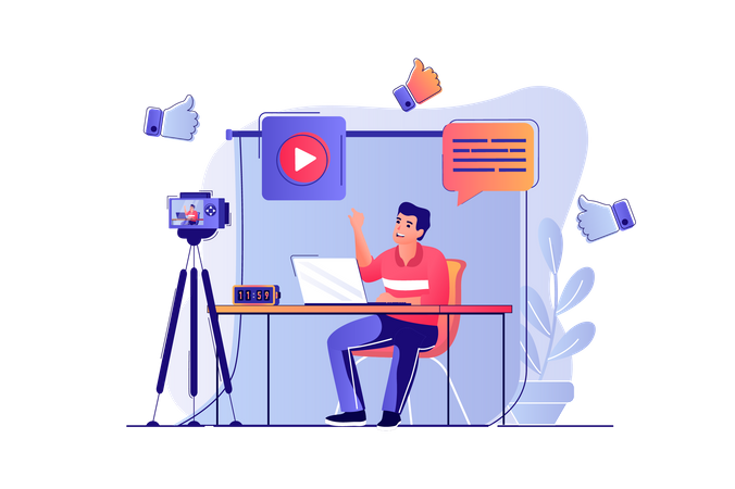 Man blogger recording new video at camera  Illustration