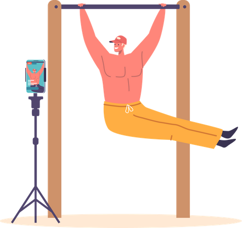 Man Blogger Records Exercise Training At Home On Camera  Illustration