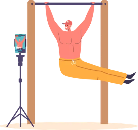 Man Blogger Records Exercise Training At Home On Camera  Illustration