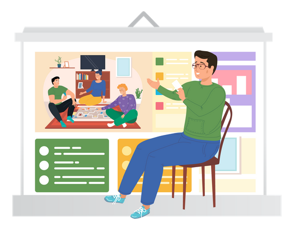Man blogger talking about friends having fun at the weekend of a new entertainment  Illustration