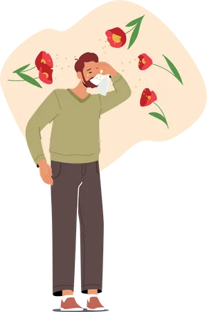 Man blow nose into handkerchief Illustration