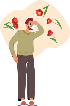 Man blow nose into handkerchief  Illustration