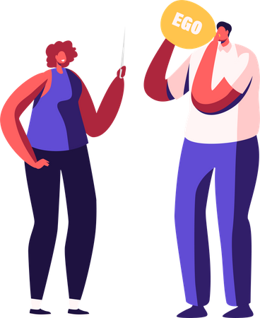 Man blowing ego balloon while girl holding sharp needle Illustration
