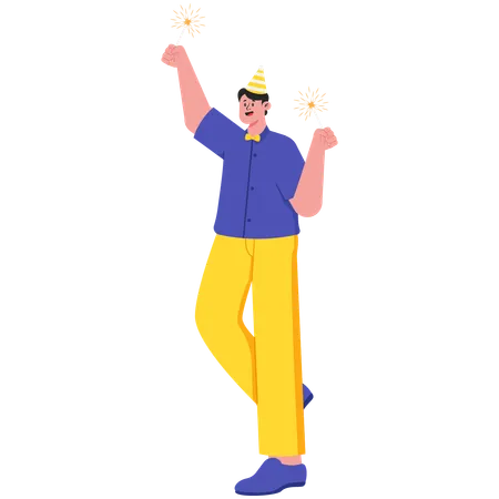 Man blowing fireworks on new year  Illustration