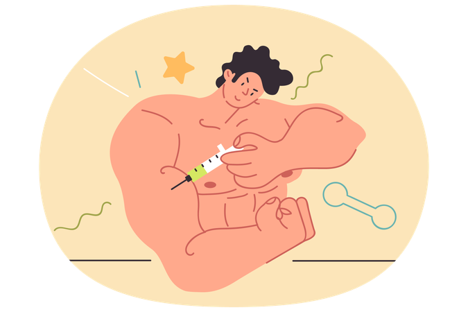Man bodybuilder injects with anabolic steroids and steroids to quickly achieve athletic results  Illustration