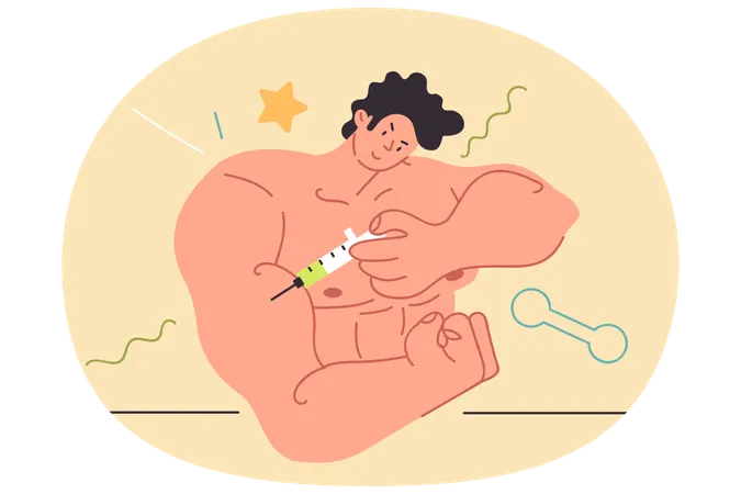 Man bodybuilder injects with anabolic steroids and steroids to quickly achieve athletic results  Illustration