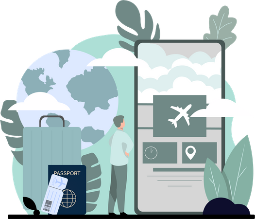 Man booking flight ticket on mobile Illustration