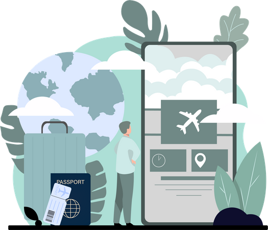 Man booking flight ticket on mobile  Illustration