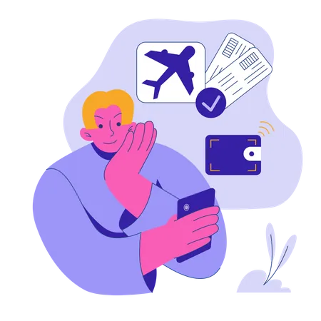 Man booking flight ticket online Illustration
