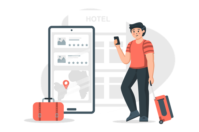 Man booking hotel using booking app  Illustration