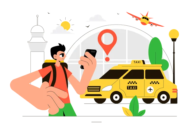Man booking taxi for airport  Illustration