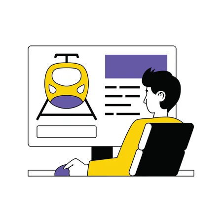 Man booking train ticket on computer  Illustration