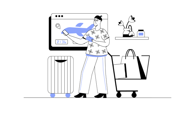 Man books online flight plane  Illustration