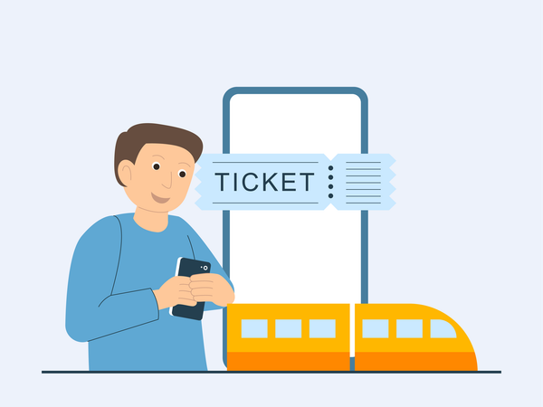 Man books train ticket  Illustration