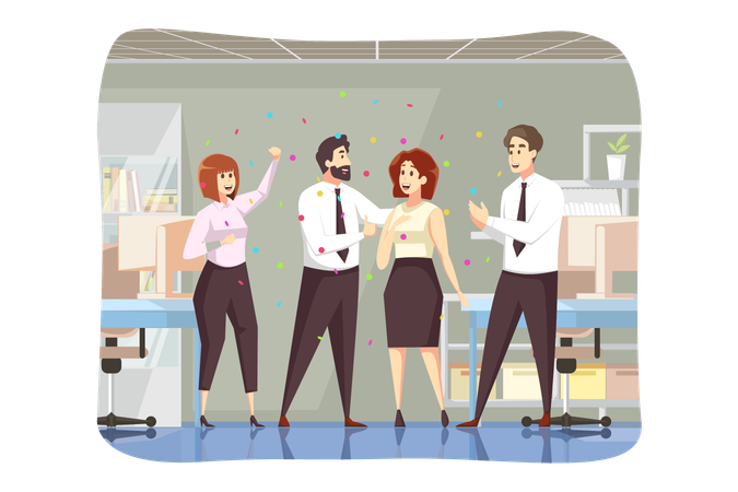 Man boss leader team of colleagues coworkers congratulate successful businesswoman employee together  Illustration