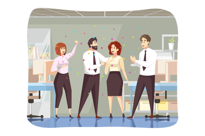 Man boss leader team of colleagues coworkers congratulate successful businesswoman employee together  Illustration