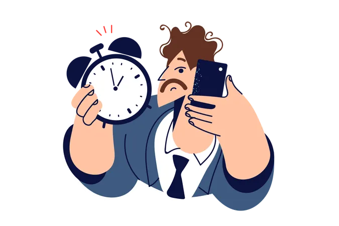 Man boss with alarm clock in hand calls subordinates reminding them that deadline  Illustration