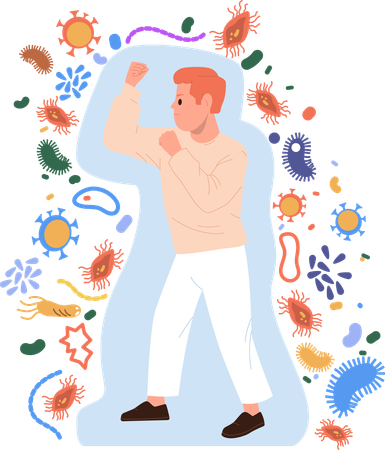 Man boxing punching fighting against infectious virus  Illustration