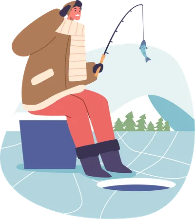 Male Character On Ice Fishing Man Braving Winter Icy Grip Bundled In Layers Sits By A Frozen Lake With Fish On Rod Breath Frosty Air Anticipating A Cold Catch Cartoon People Vector Illustration Illustration