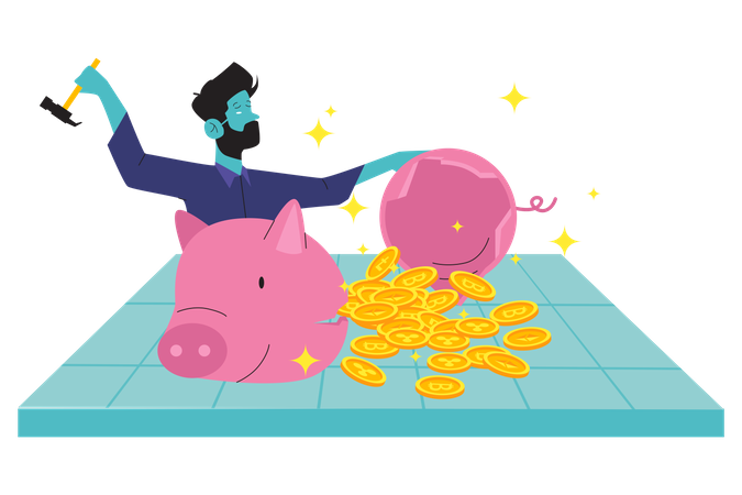 Man breaking bitcoin piggy bank Illustration