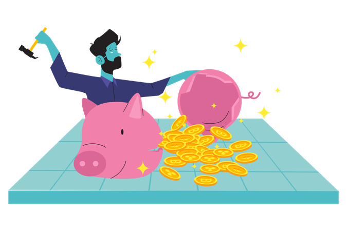 Man breaking bitcoin piggy bank  Illustration