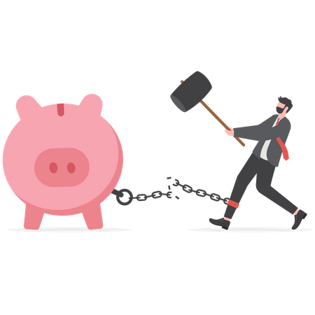 Man breaking chain from piggy bank  Illustration