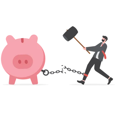 Man breaking chain from piggy bank  Illustration