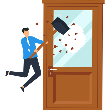 Man Breaking Door with Hammer  Illustration