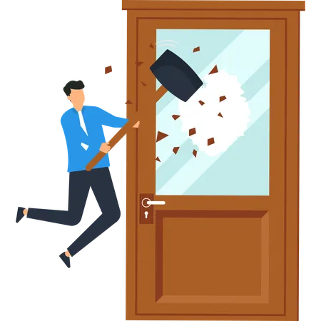 Man Breaking Door with Hammer  Illustration