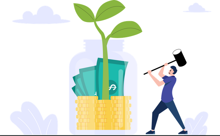 Man Breaking savings money from jar  Illustration