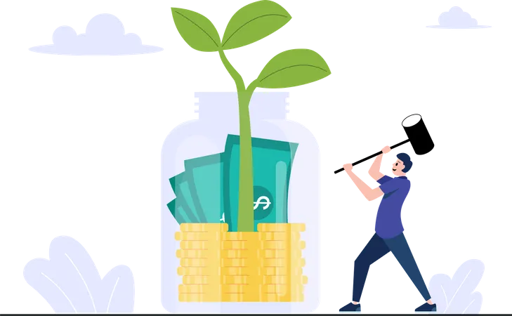 Man Breaking savings money from jar  Illustration