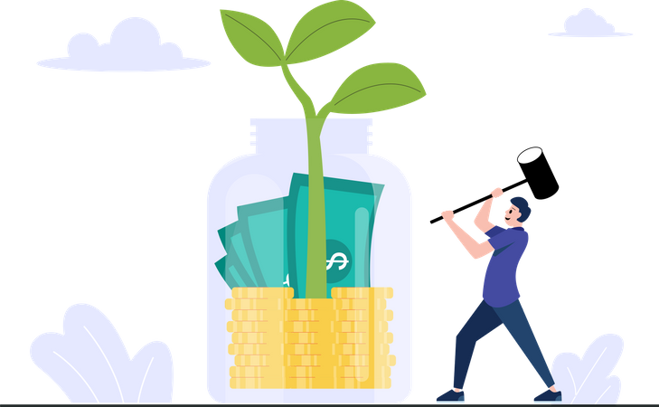 Man Breaking savings money from jar  Illustration