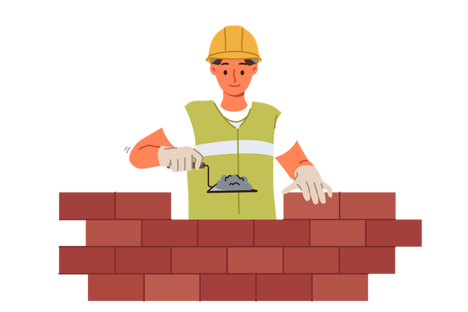 Man bricklayer builder builds brick wall using trowel with concrete mixture to secure blocks  イラスト