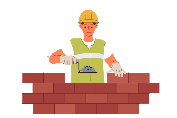 Man bricklayer builder builds brick wall using trowel with concrete mixture to secure blocks  Illustration