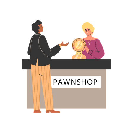 Man bring and sell table clock to pawnshop  Illustration