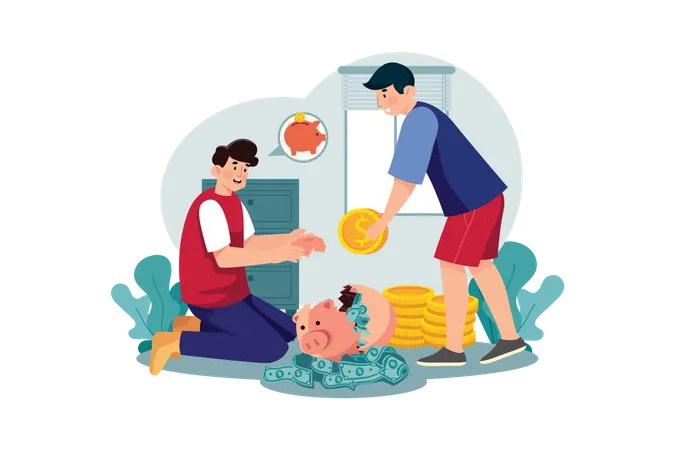 Man broke a piggy bank on the floor  Illustration