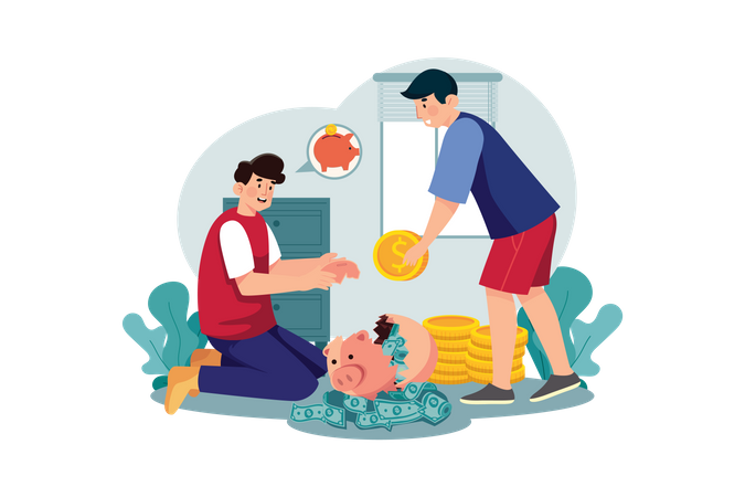Man broke a piggy bank on the floor  Illustration