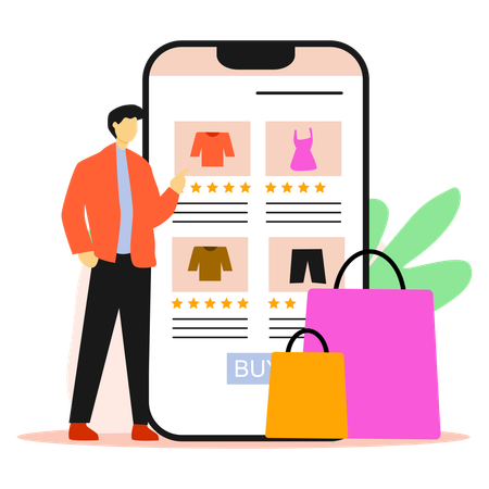 Man browsing clothing products on mobile shopping app  Illustration