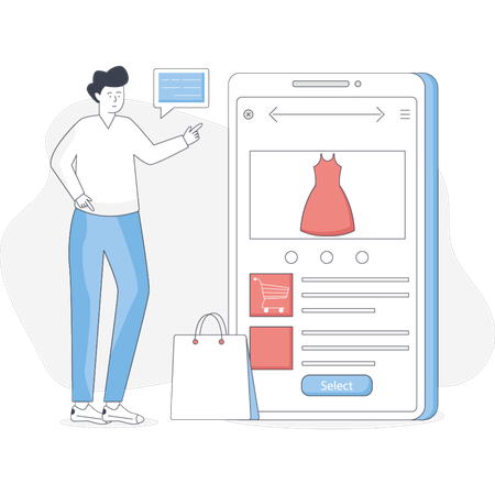 Man browsing products on a mobile phone while shopping in a store  Illustration
