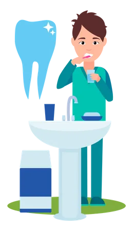 Man brushing teeth with toothpaste and toothbrush  Illustration