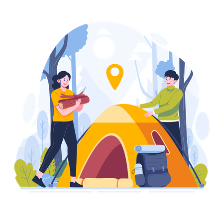 Man build a tent together while hiking in the mountain  Illustration