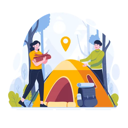 Man build a tent together while hiking in the mountain  Illustration