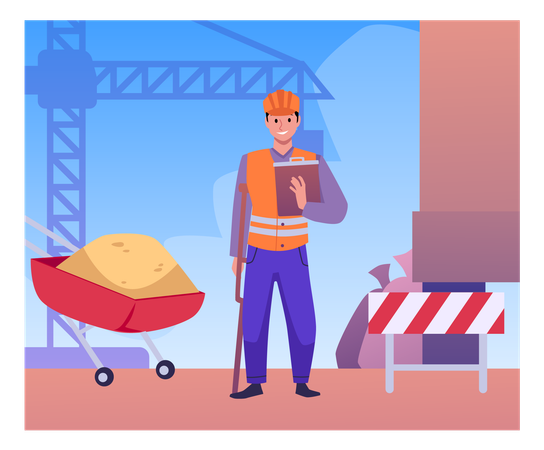 Man builder in uniform with helmet and vest stands with crutch  Illustration